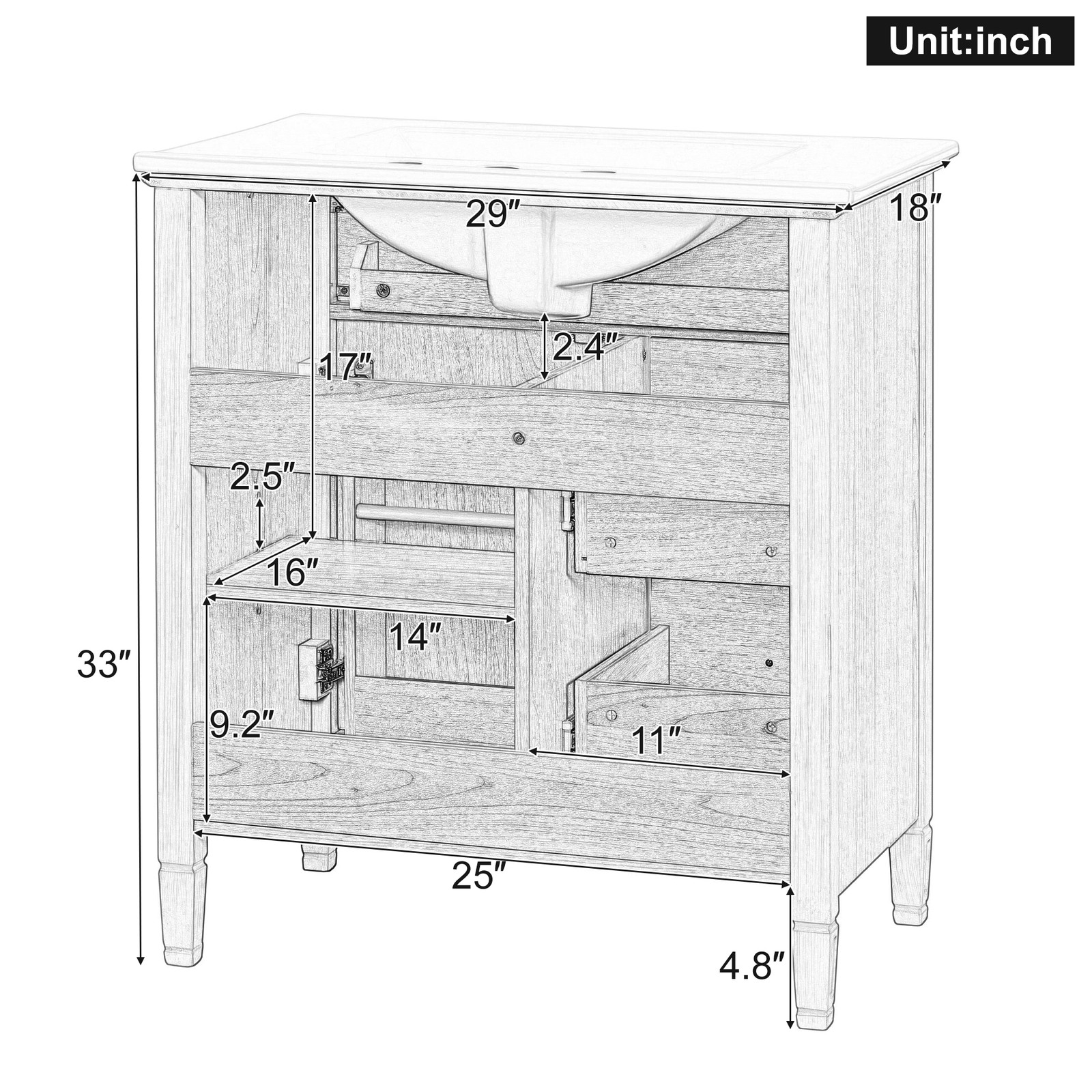 30″ Bathroom Vanity with Sink, Cabinet, Drawers, Solid Wood & MDF