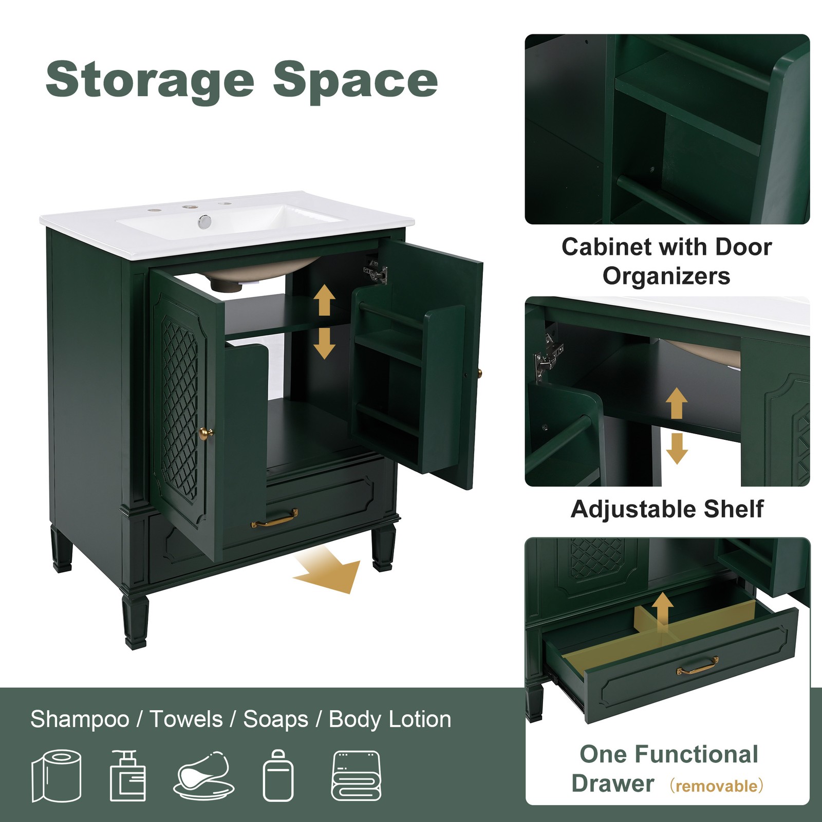 30″ Bathroom Vanity with Ceramic Sink, Green, Soft-Close Door & Drawer