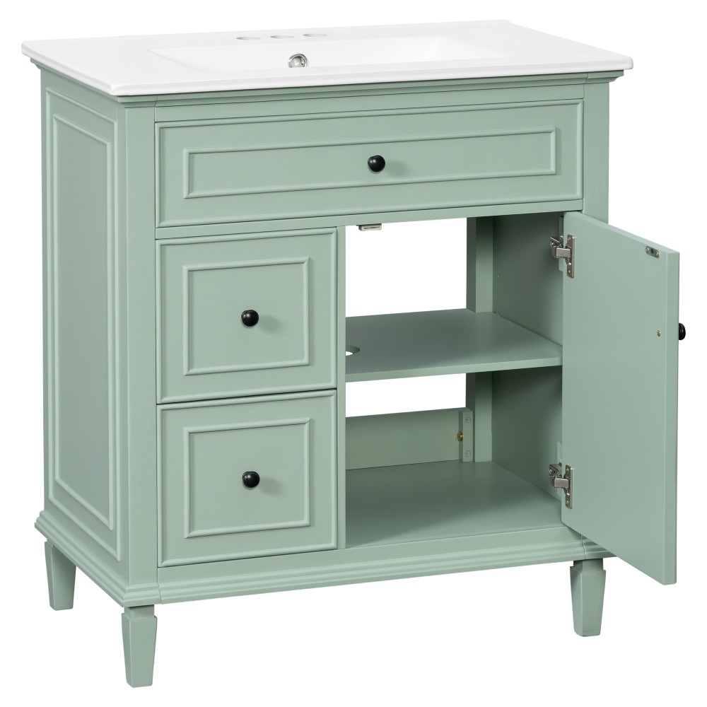 30″ Green Bathroom Vanity with Ceramic Sink Solid Wood MDF Cabinet