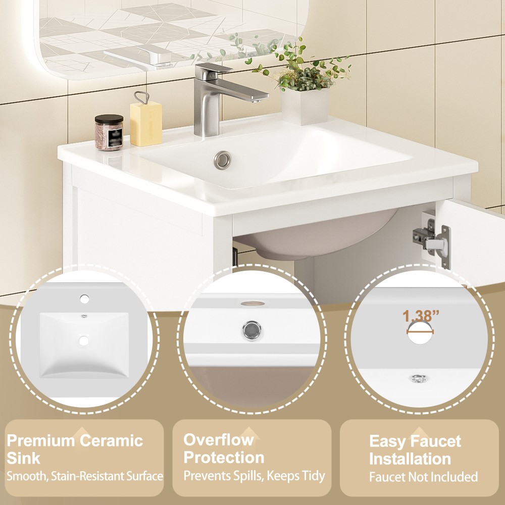 20″ Solid Wood Bath Vanity Ceramic Sink Soft Close Door Divider Drawer Storage