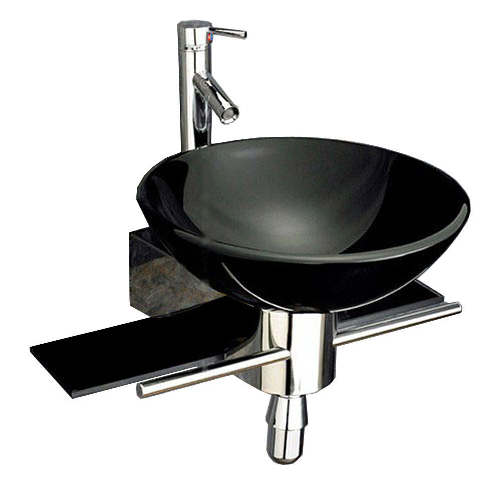 Modern Wall Mount Bathroom Pedestal Vanity Black Glass Bowl Vessel Sink Combo