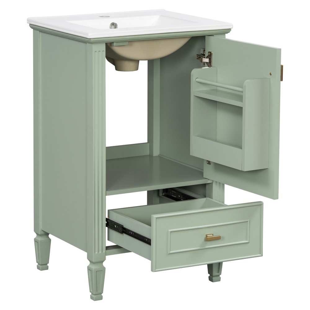 20″ Green Bathroom Vanity, Ceramic Sink, Solid Wood Legs, Soft-Close, Storage