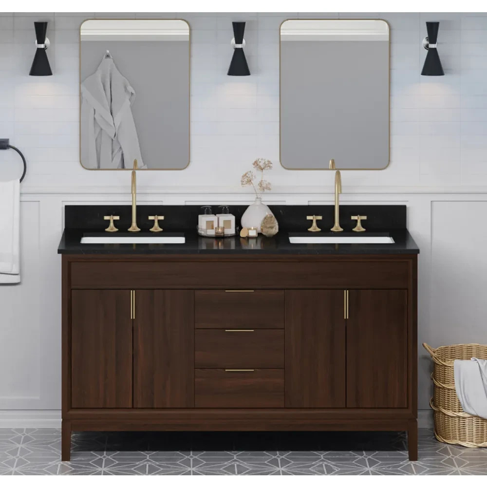 60″ Theodora Dark Walnut Double Bowl Bathroom Vanity + Black Granite Countertop