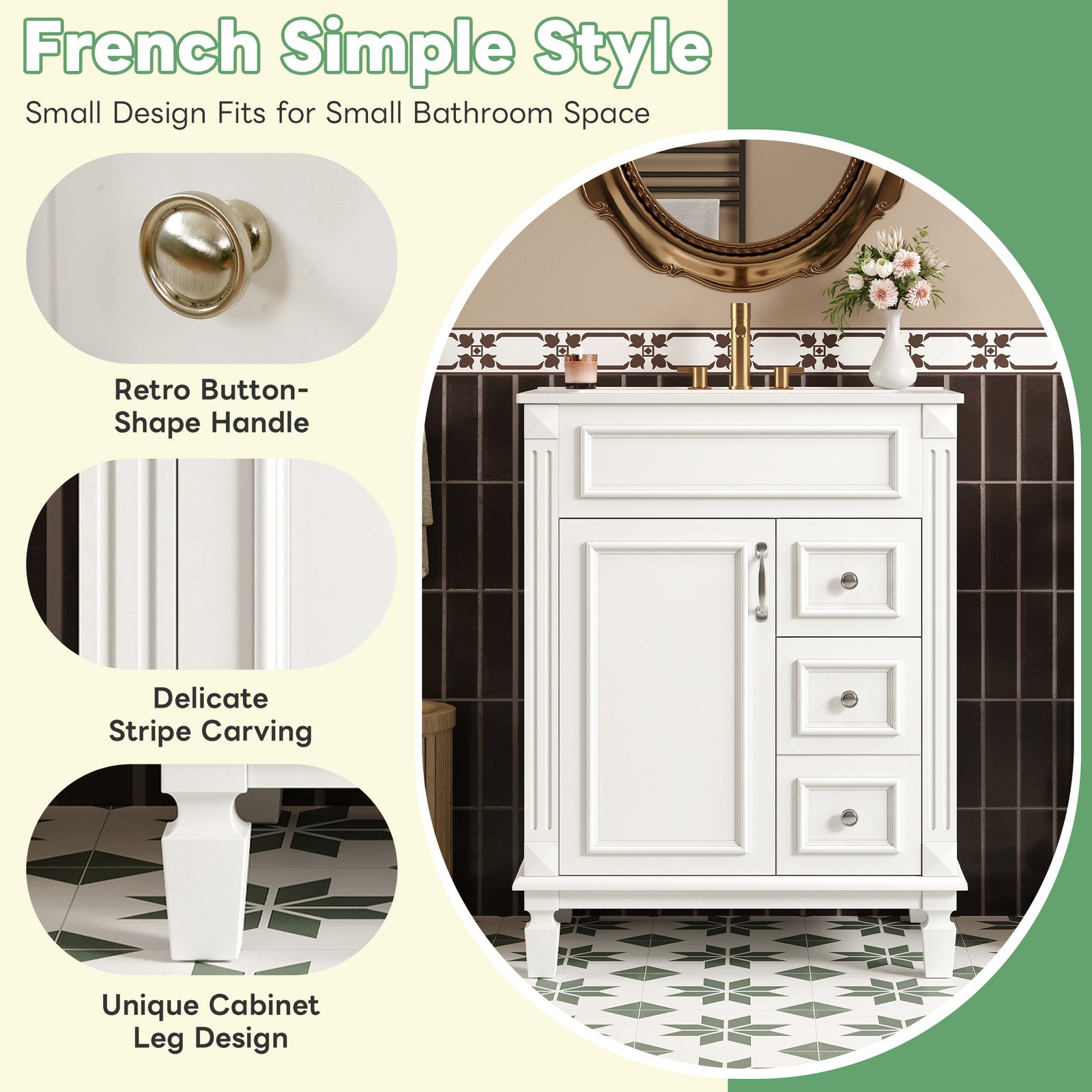 24″ Bathroom Vanity w/Ceramic Sink, Small Bathroom Sink Cabinet with 2 Drawers