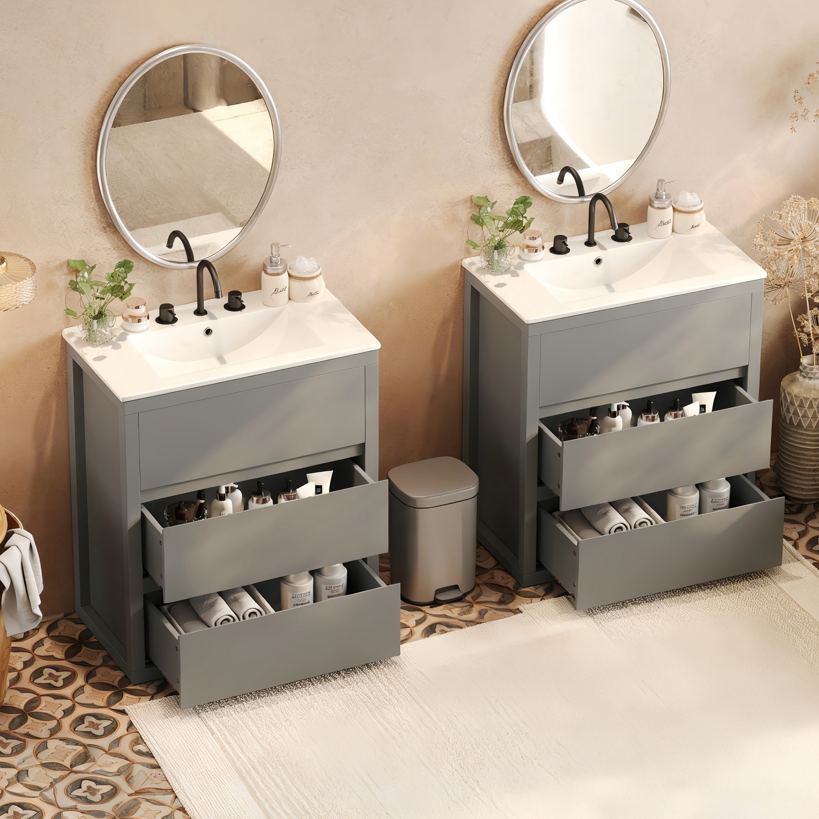 60″ Double Sink Bathroom Vanity Set,Bathroom Cabinet w/2 Separate Ceramic Sinks
