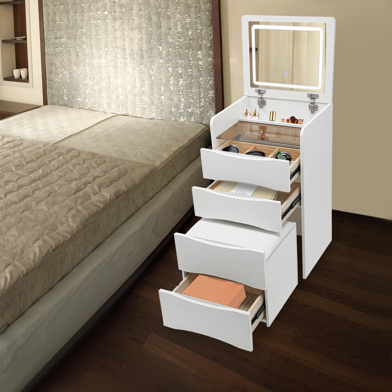 3-in-1 Foldable Makeup Vanity Desk with Mirror Lights Drawers Chair Hidden Stool