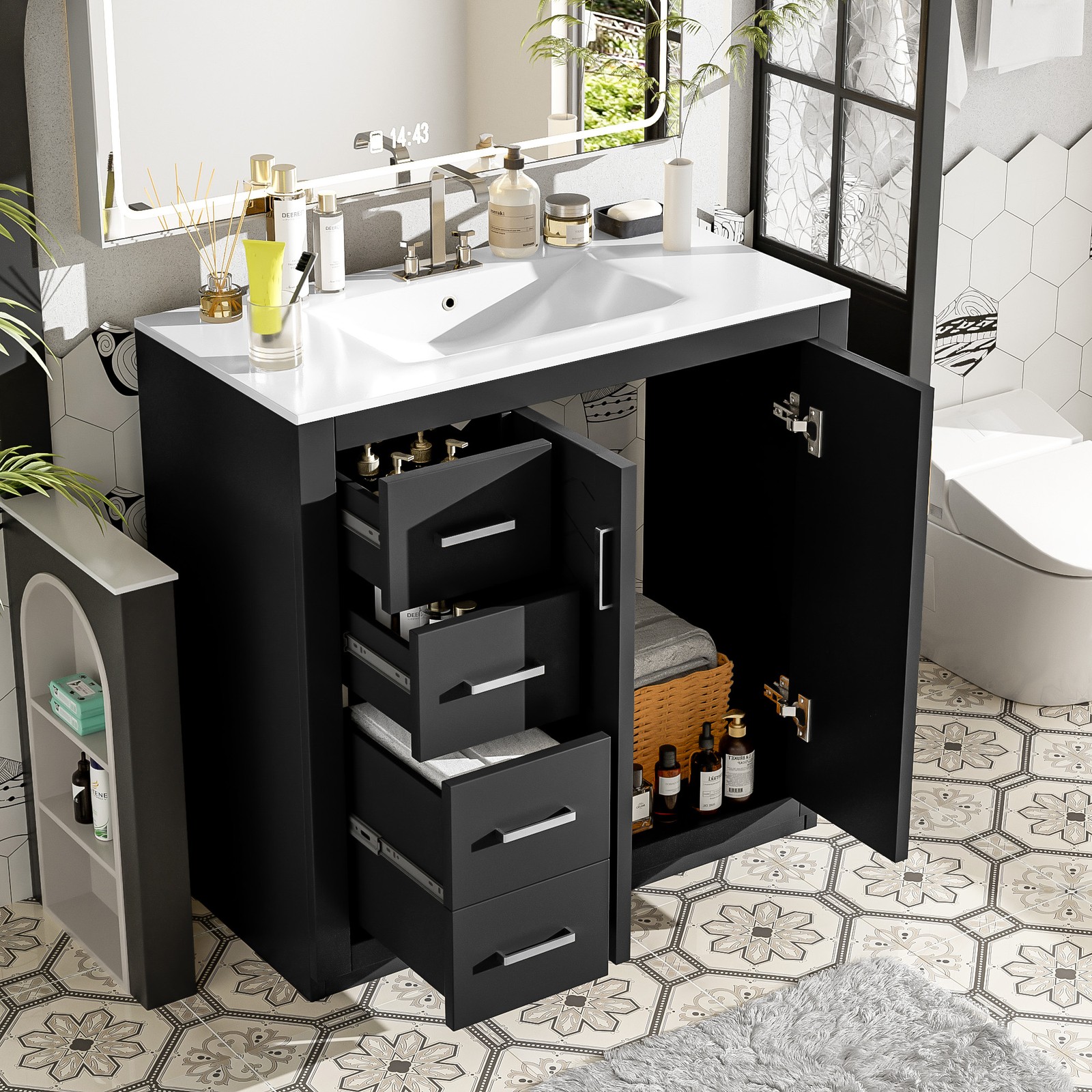 36″ Bathroom Vanity with Ceramic Sink, Solid Wood Frame, 3 Drawers