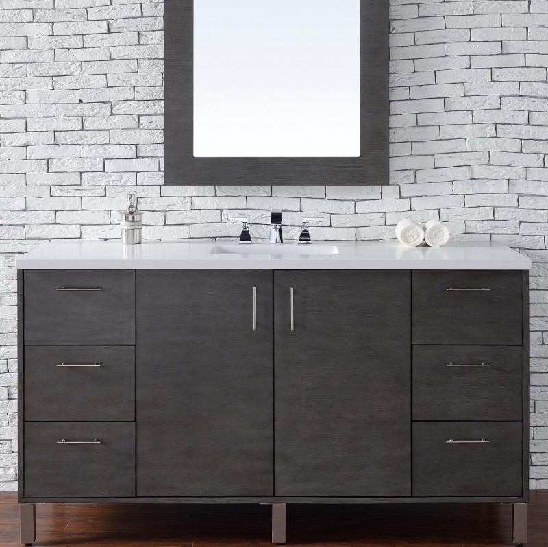 60″ James Martin Metropolitan Silver Oak Single Bathroom Vanity White Quartz Top
