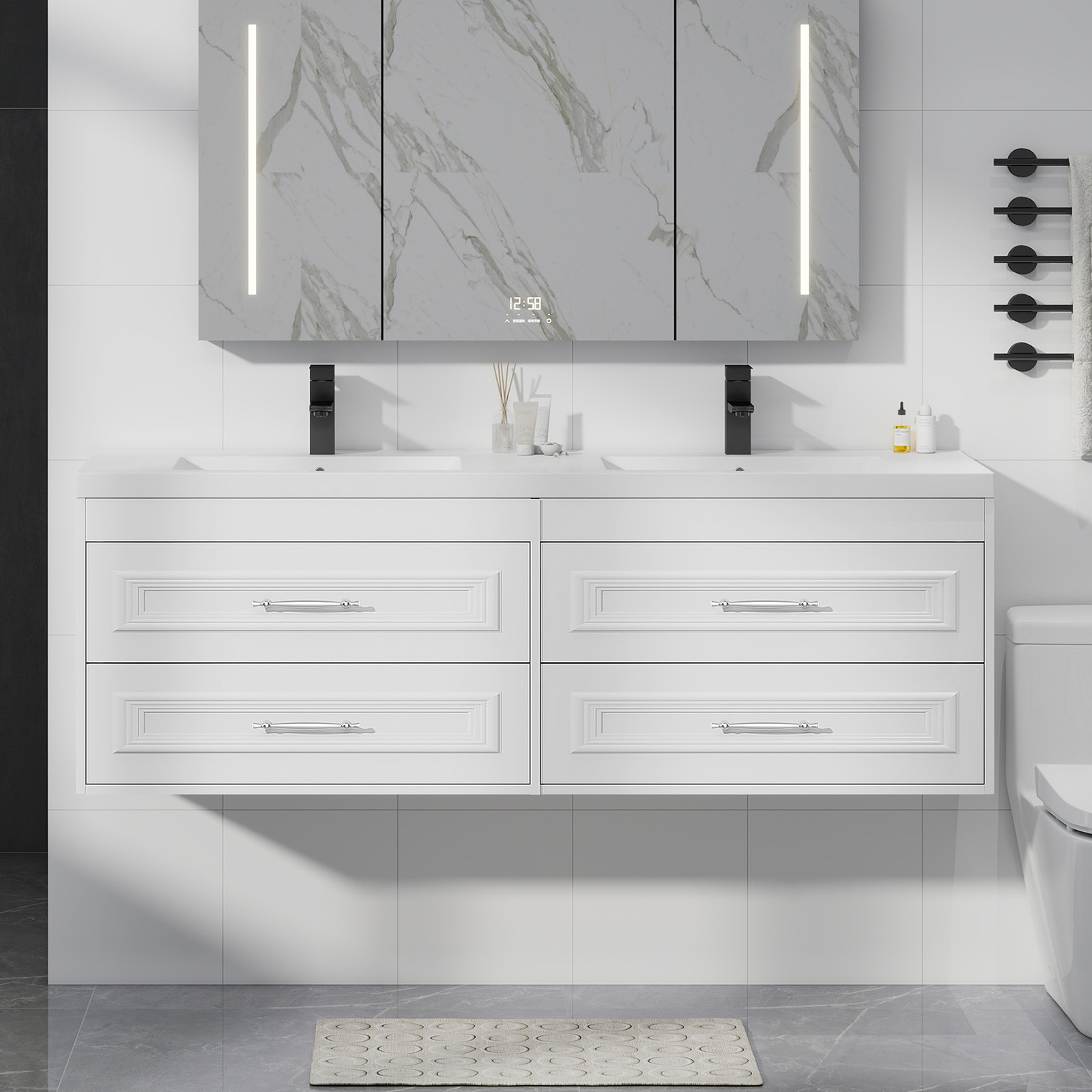 60″ Floating Vanity with Sink Wall Mounted White Soft Close Bathroom Cabinet