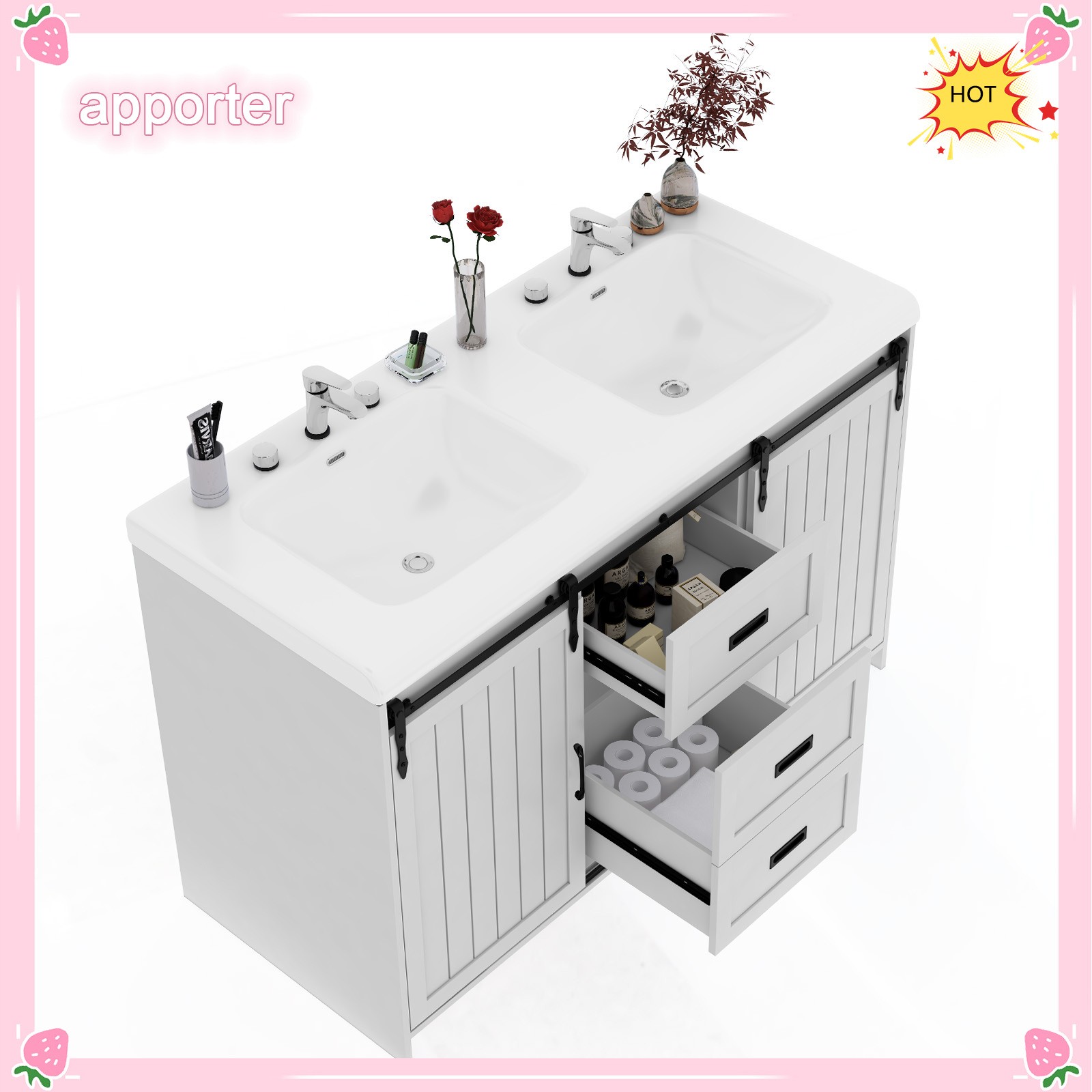 47.3″ Bathroom Double Sink Vanity Cabinet Ceramic Vessel Double Sink Cabinet US