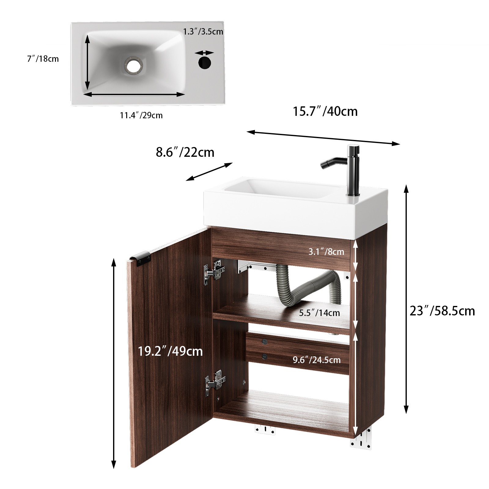 16″ Bathroom Vanity with Sink & Door Floating Cabinets Vanity for Small Space US