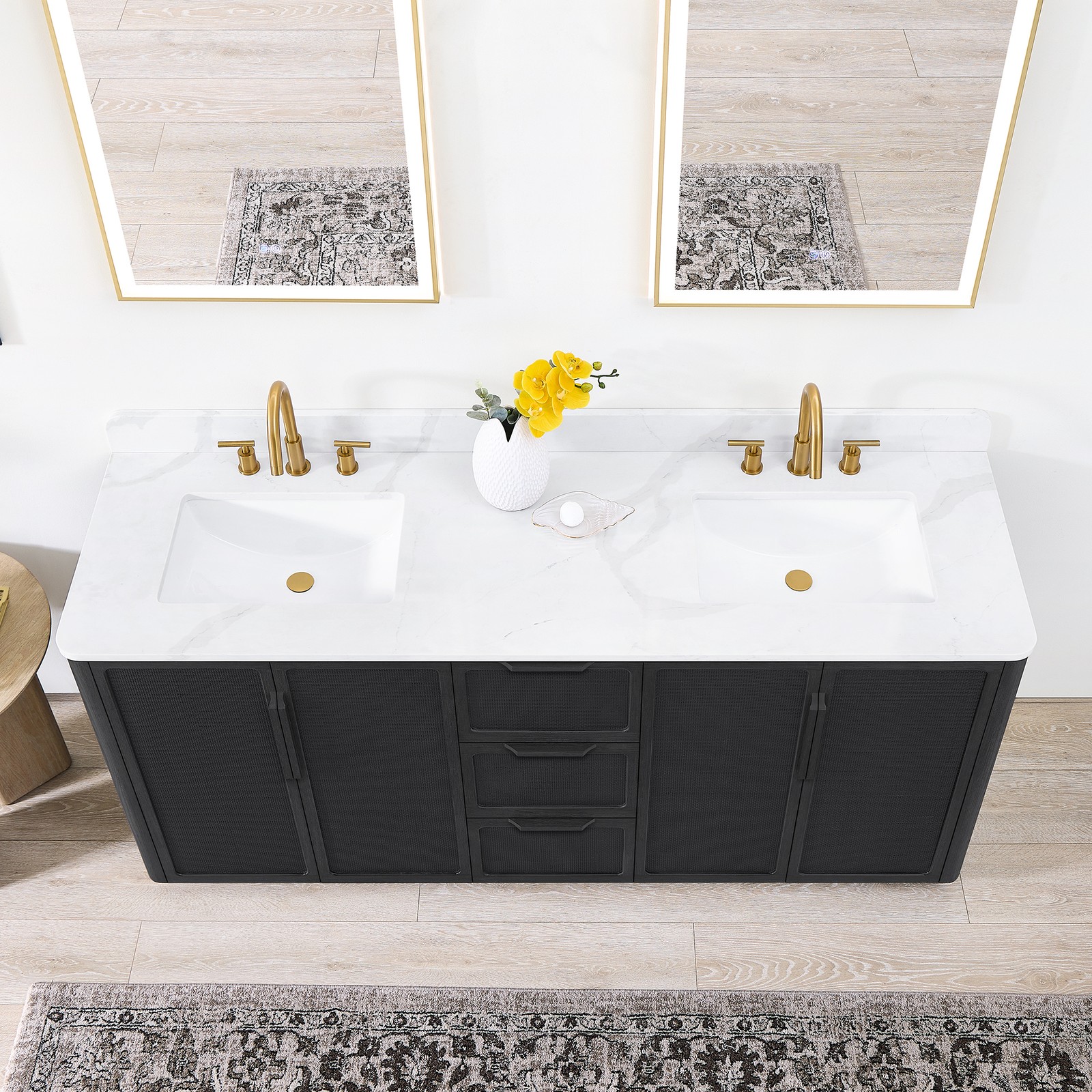 Busan 72″ Double Bath Vanity in Oak Classic Black with White Quartz Stone Top