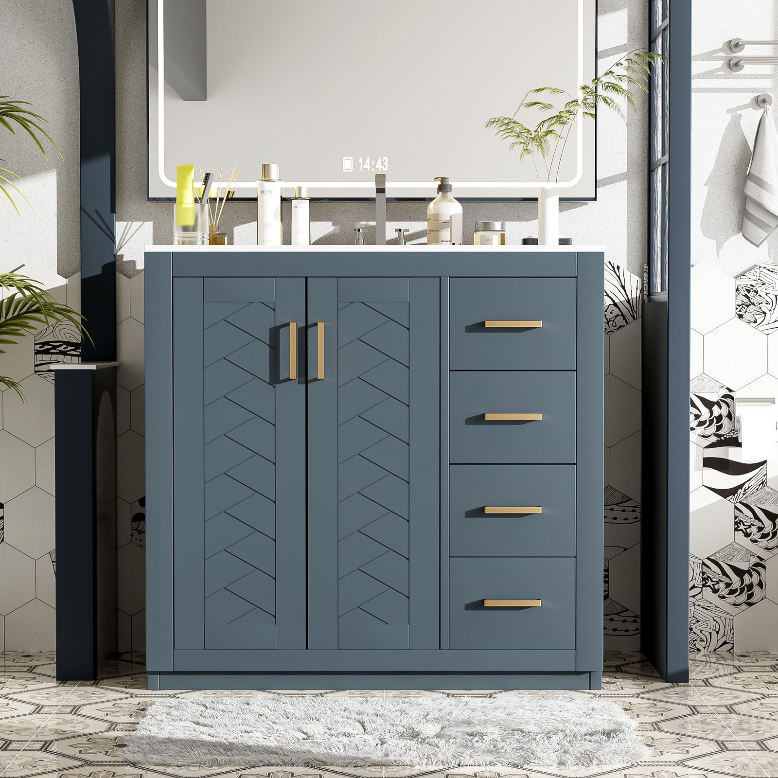 36″ Bathroom Vanity with Ceramic Sink, Solid Wood Frame, 3 Drawers & Doors