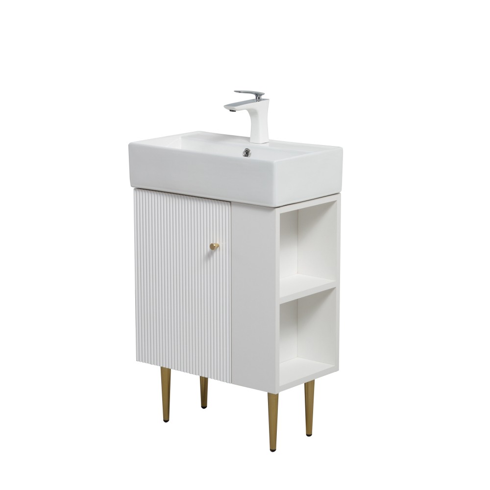 21.6″ Bathroom Vanity Base, Soft-Close Doors, Gray, Solid Wood, Open Shelf