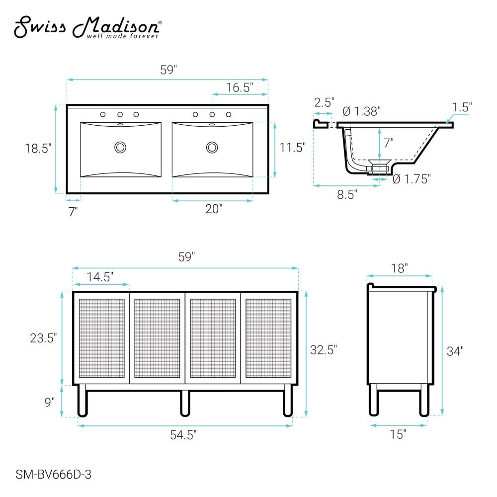 Swiss Madison SM-BV666D-3 Classe 60″ – Golden Oak / White