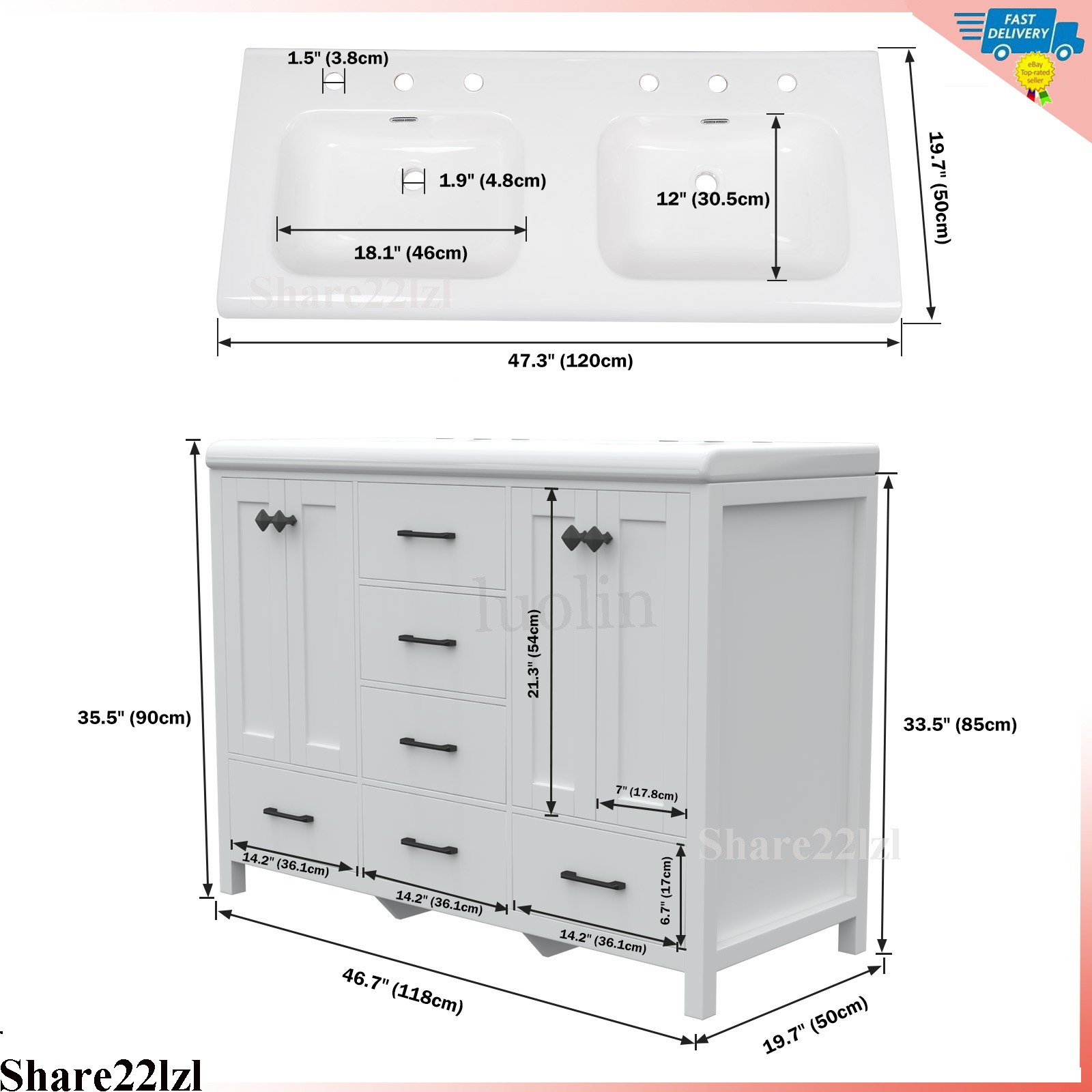 47″ Double Bathroom Vanity Wood Cabinet with Ceramic Sink Combo Set Freestanding