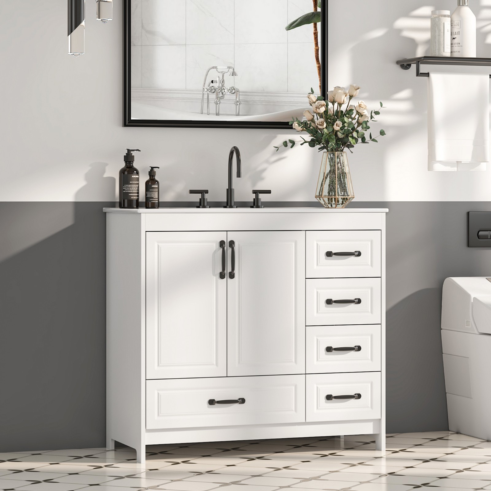 24″ 30″ 36″ Bathroom Vanity Set Storage Cabinet with Ceramic Sink Combo White