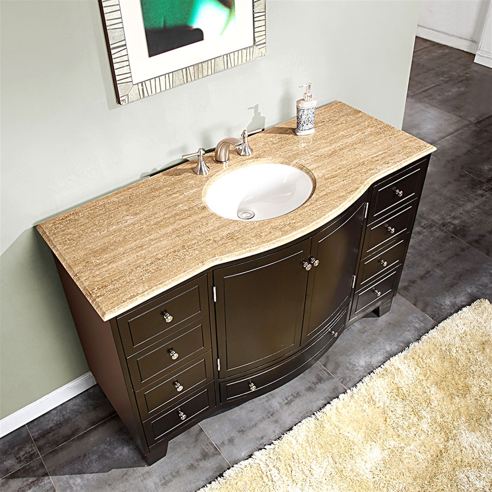 55-inch Single Sink Bathroom Vanity Travertine Stone Top Espresso Cabinet 0703TR