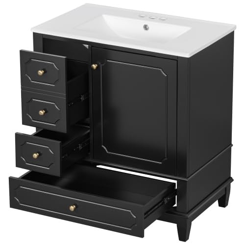 Bellemave 30″ Bathroom Vanity with Ceramic Sink & 3 Drawers, Bathroom Cabinet…