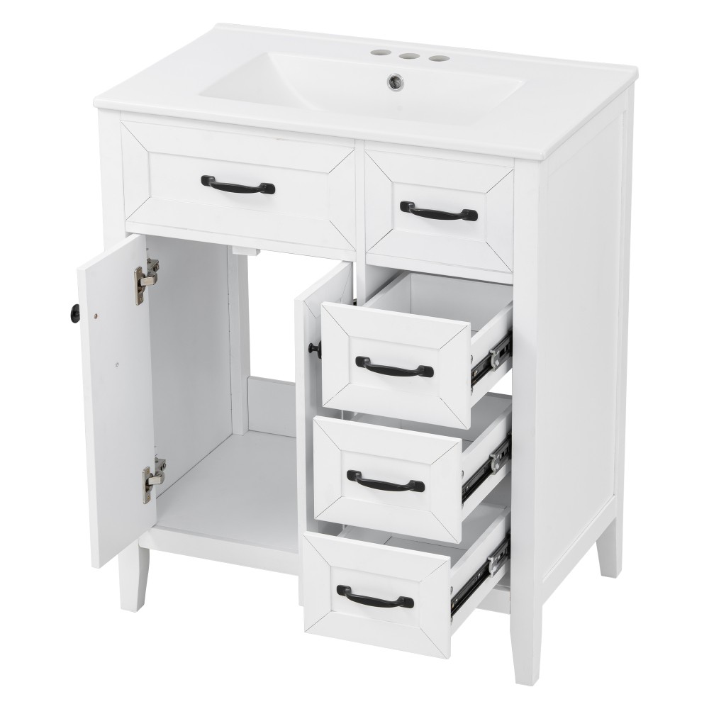 30″ White Bathroom Vanity with Ceramic Sink Freestanding Vanity with Black Metal
