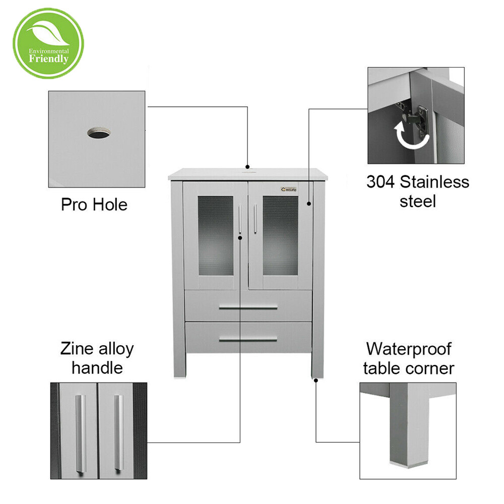 48″ Gray Bathroom Vanity Cabinet Set Vessel Glass Ceramic Sink Faucet No Mirror