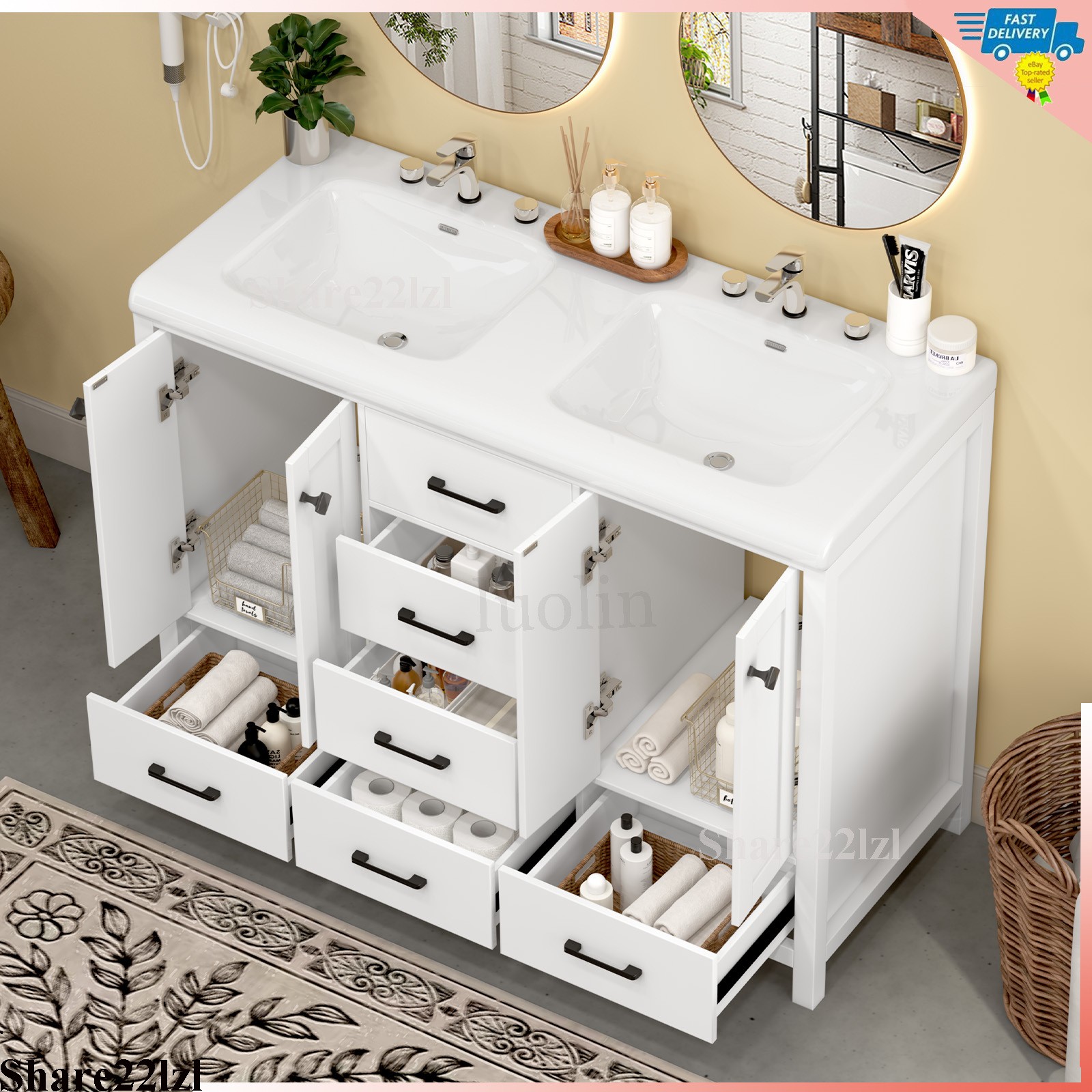 47″ Bathroom Vanity Storage Cabinet with Double Ceramic Sink White Freestanding