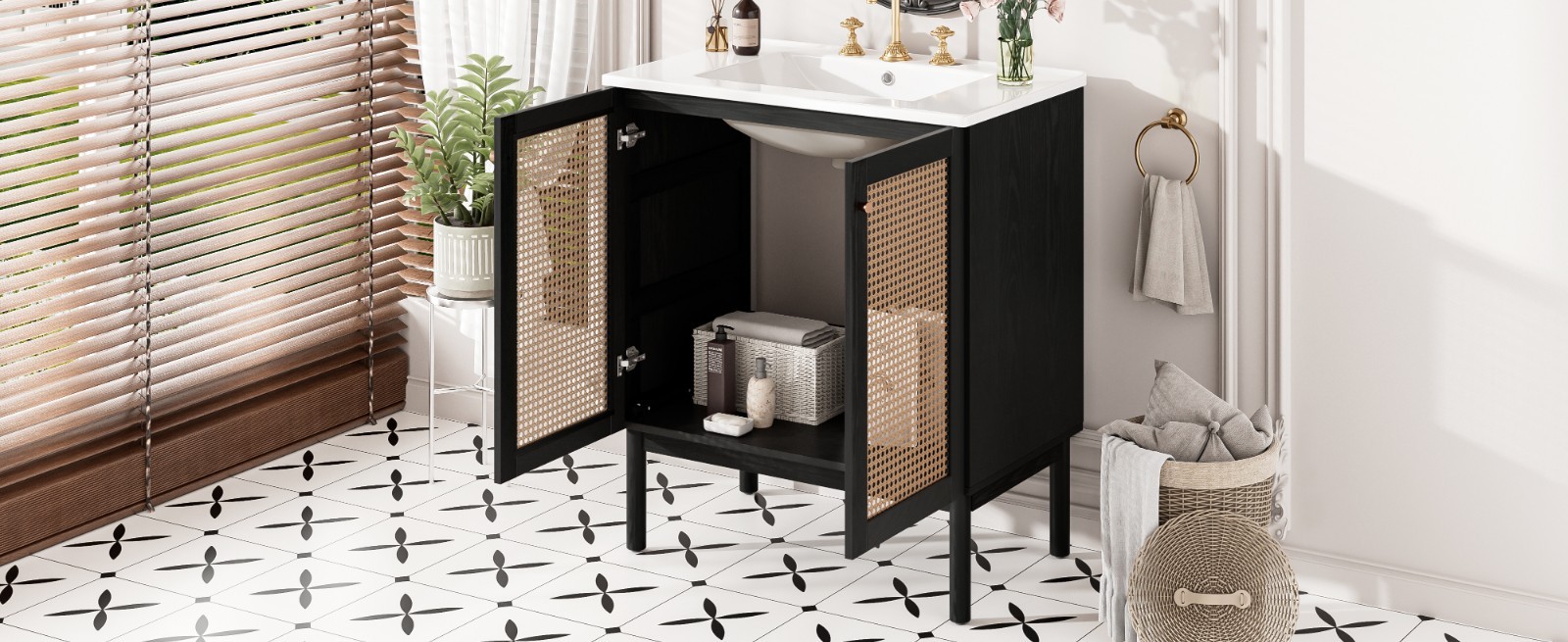 30″ Bathroom Vanity w/ Sink, Freestanding Vanity Storage Cabinet, 2 Rattan Doors