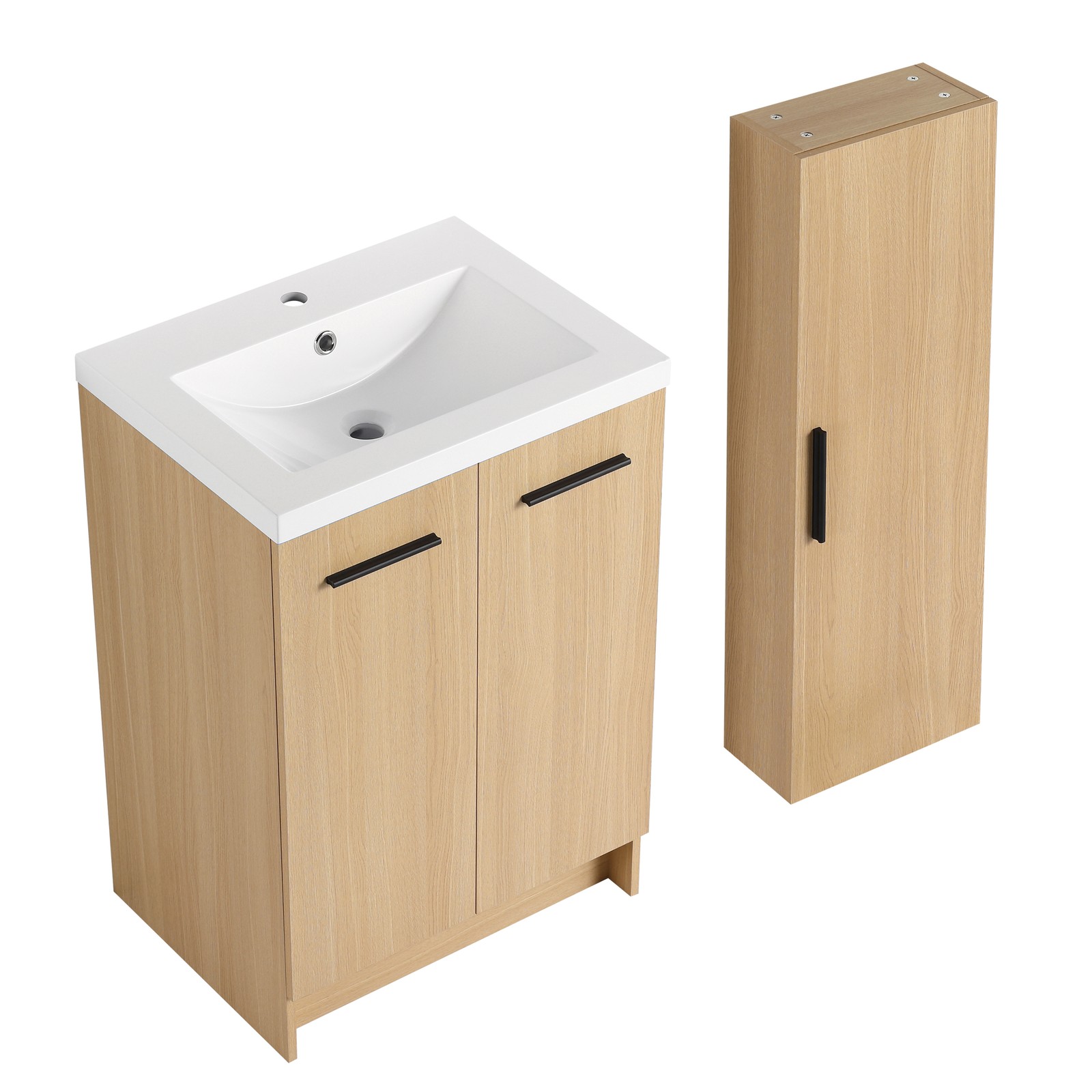 24″ Freestanding Bathroom Vanity Set with Tall Linen Cabinet, Light Oak