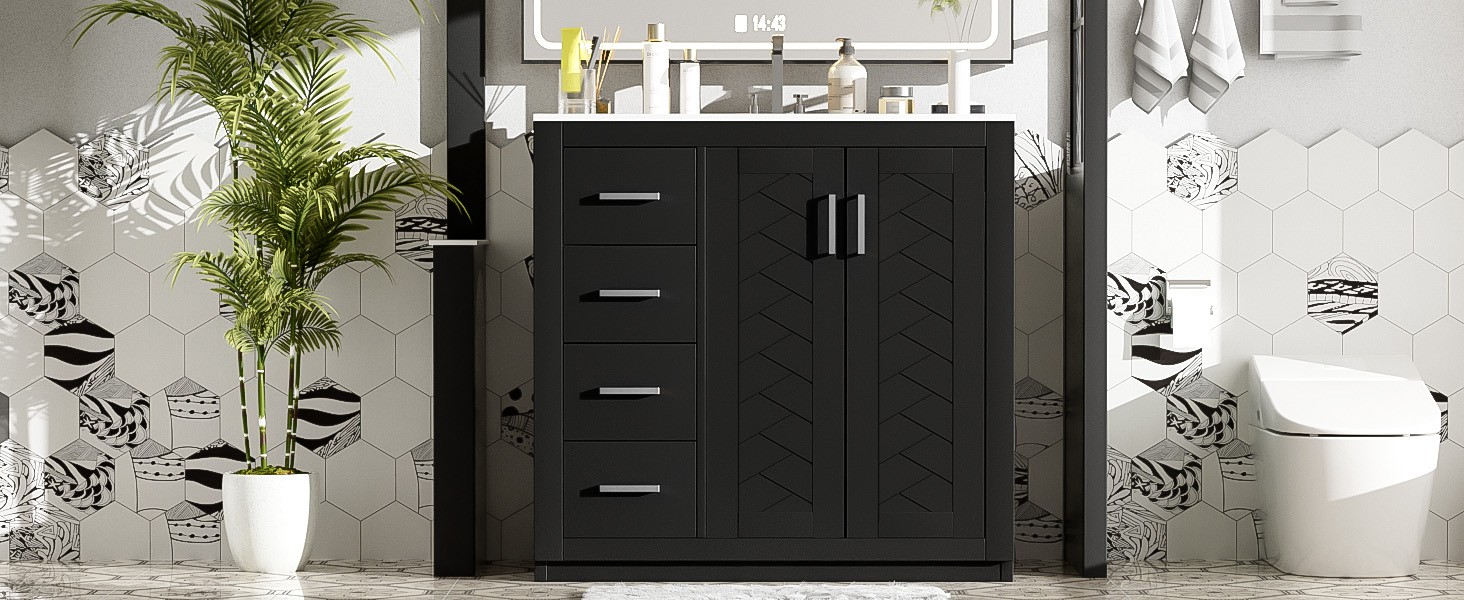 36″ Bathroom Vanity with Ceramic Sink, Solid Wood Frame, 3 Drawers