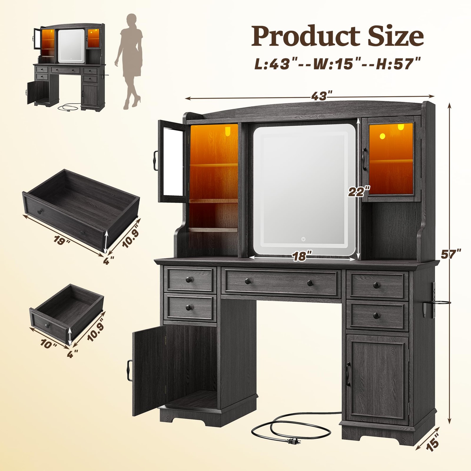 Vanity Desk Mirror Lights 43in Black 5 Drawers 2 RGB Cabinets Adj LED Farmhouse