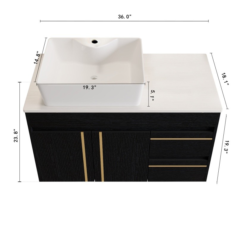 36″ Wall-Mounted Bathroom Vanity w/Vessel Ceramic Sink,Soft-Close Door & Drawers
