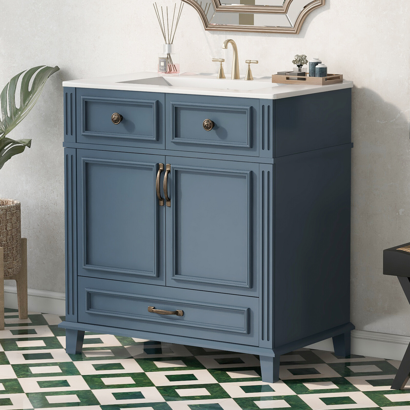 30” Bathroom Vanity with Ceramic Sink,Solid Wood Frame Bathroom Storage Cabinet