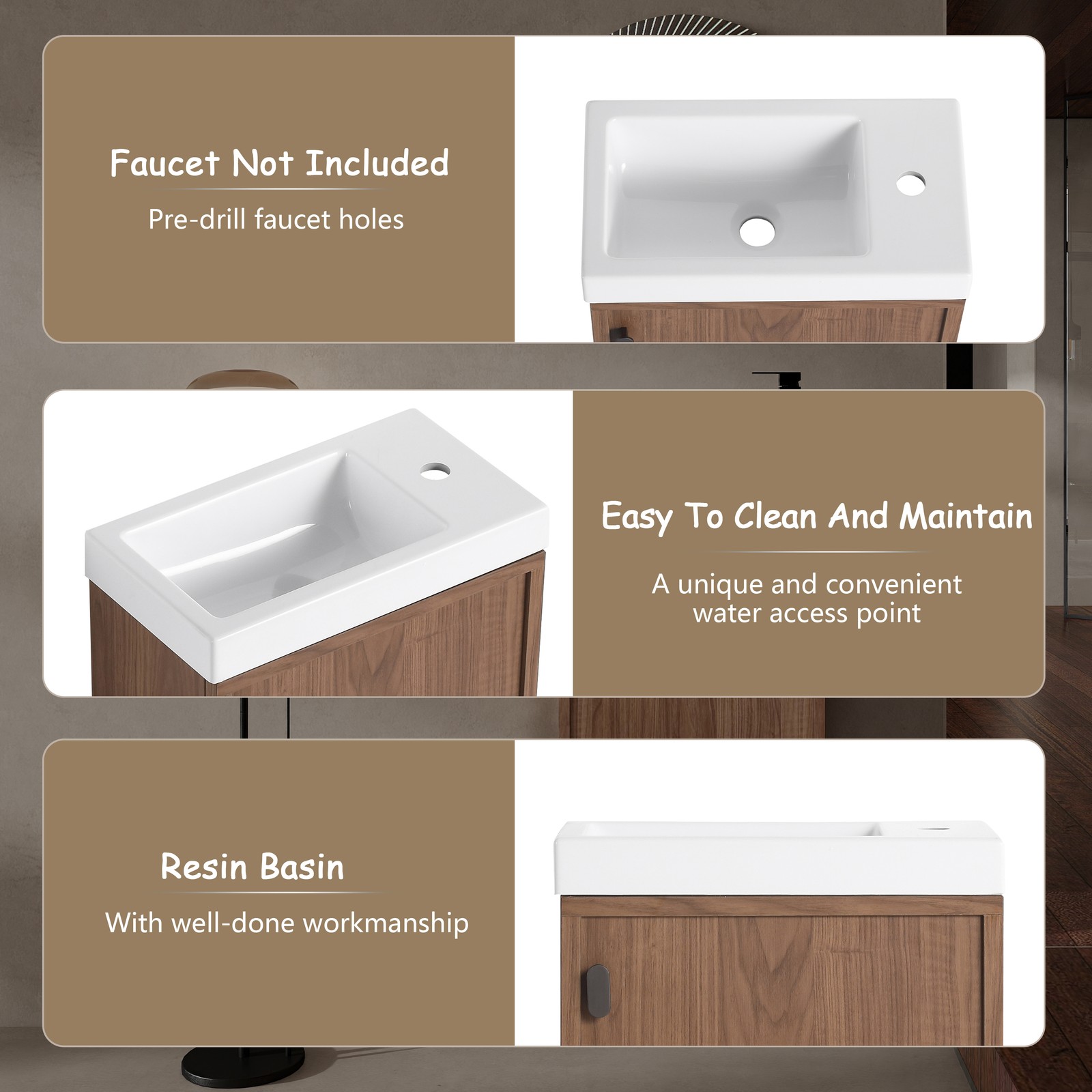 18.5″ Walnut Wall Mounted Floating Bathroom Vanity W/ Door Storage W/ Resin Sink
