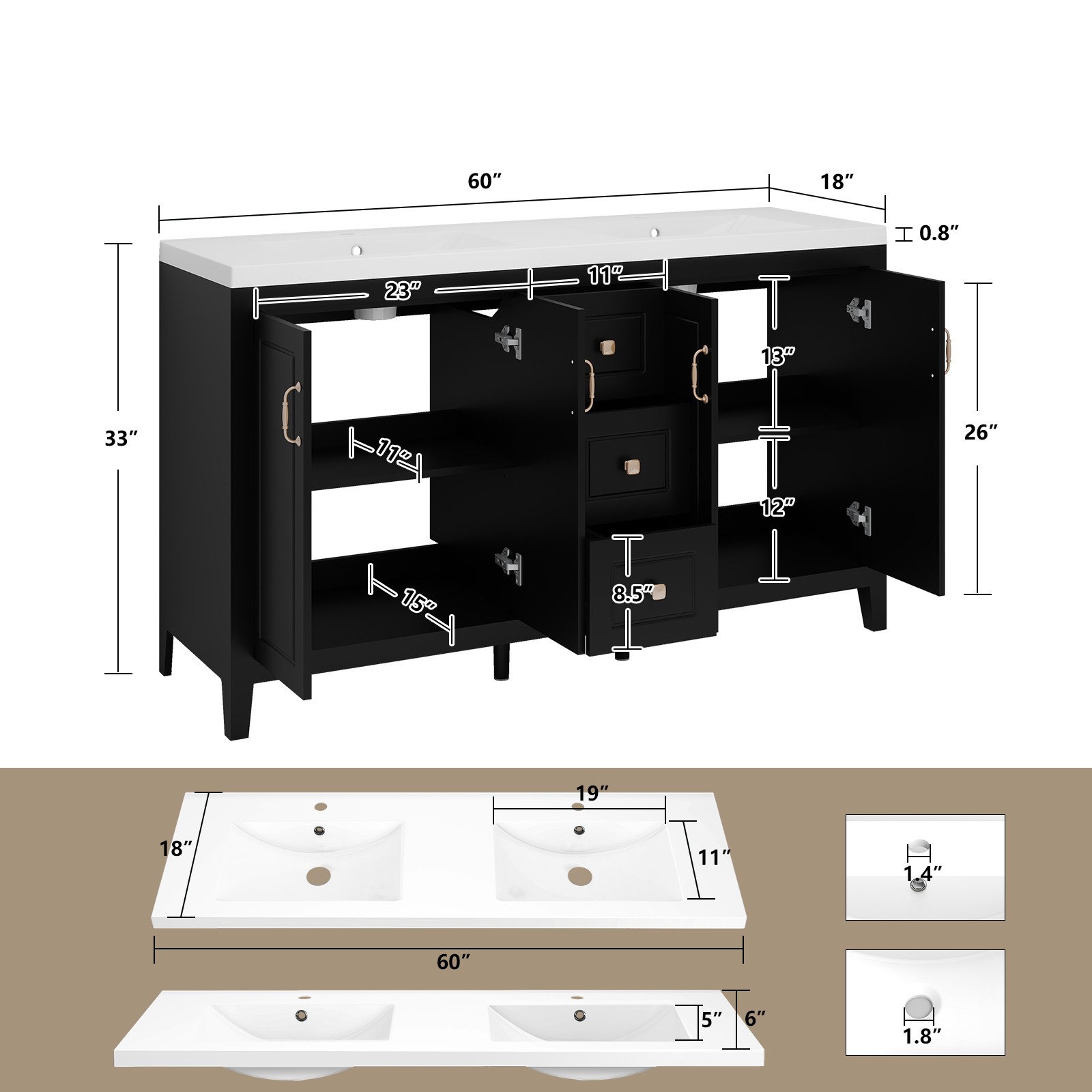 60″ Freestanding Bathroom Vanity Soft-Close 4 Doors 3 Drawers with Faucet Black