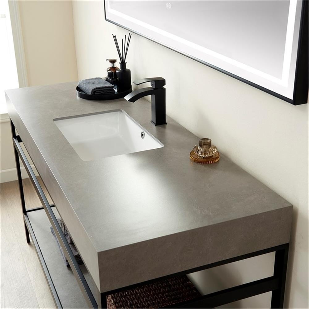Funes 60″ Single Sink Bathroom Vanity in Matte Black Frame Gray Top w/ Mirror