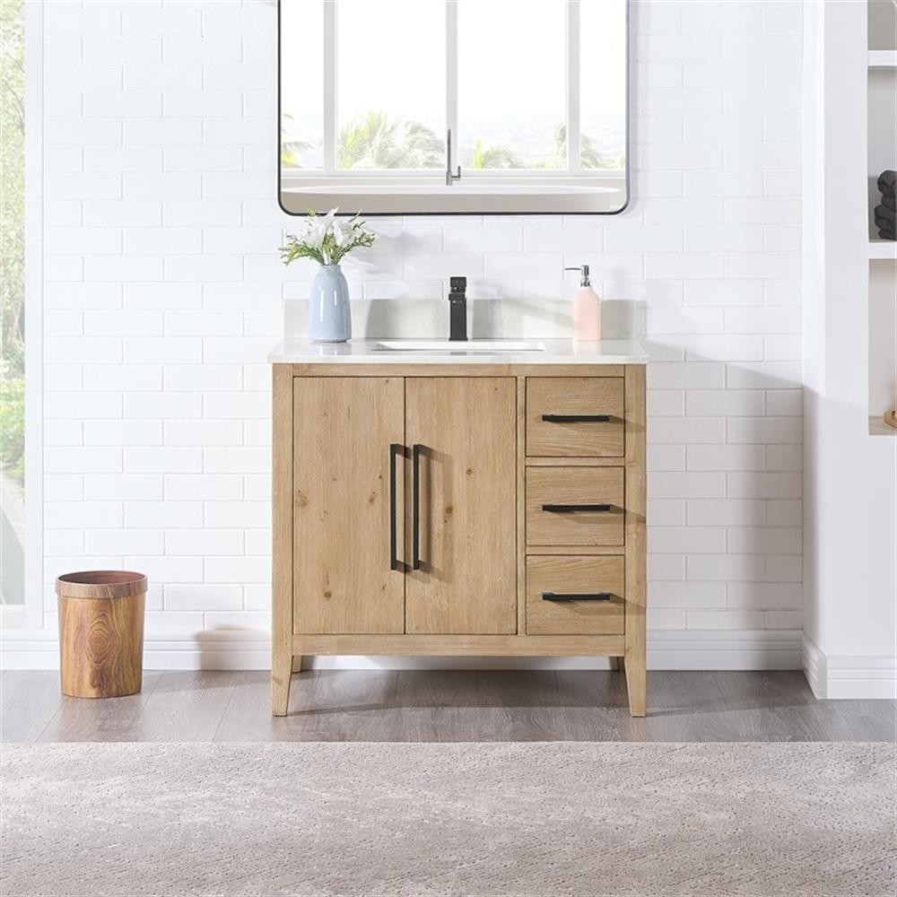 Laurel 36″ Wood Vanity in Weathered Fir Calacatta White Quartz Top no Mirror