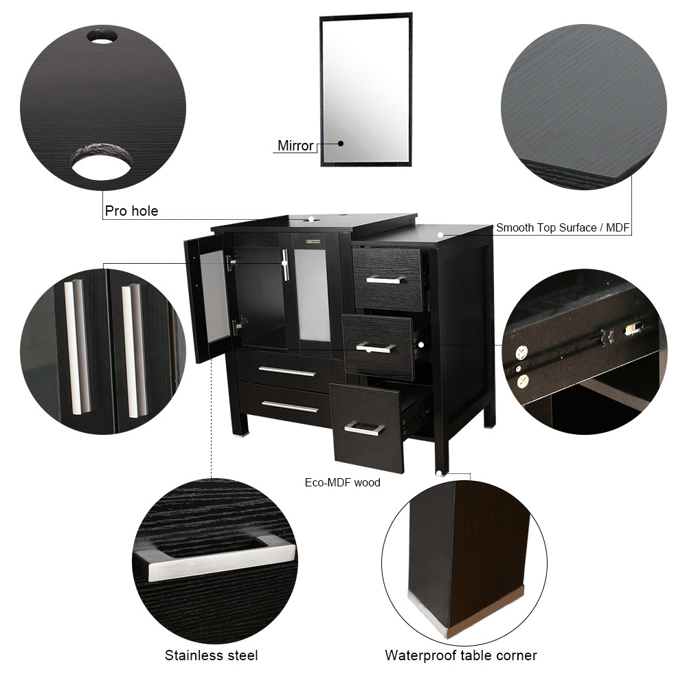 36″ Black Bathroom Vanity W/Small Side Cabinet& Ceramic Vessel Sink Top Modern