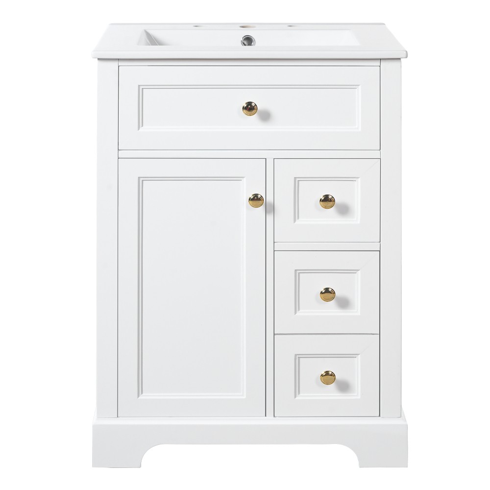 24 in White Bathroom Vanity with Sink MDF & Pinewood Construction 3 Drawers