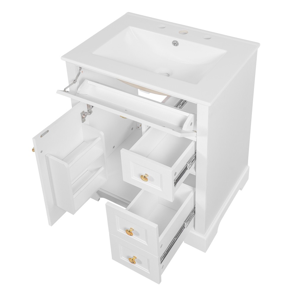 24 in White Bathroom Vanity with Sink MDF & Pinewood Construction 3 Drawers