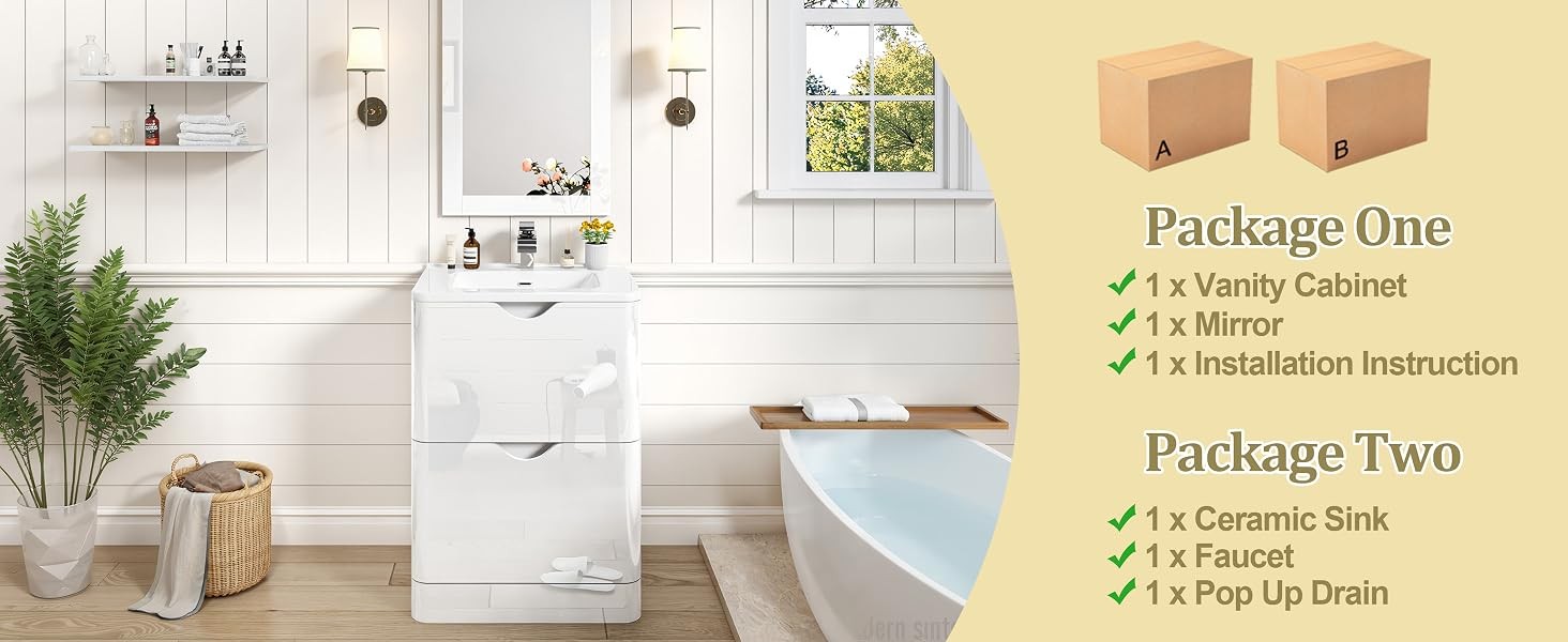 24″ Modern High Gloss Bathroom Vanity with Sink Combo,Mirror, Faucet Set,