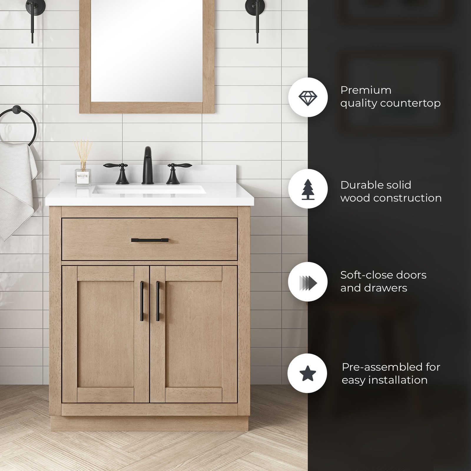 Bailey 30″ Bathroom Vanity in Sahara Birch with White Countertop