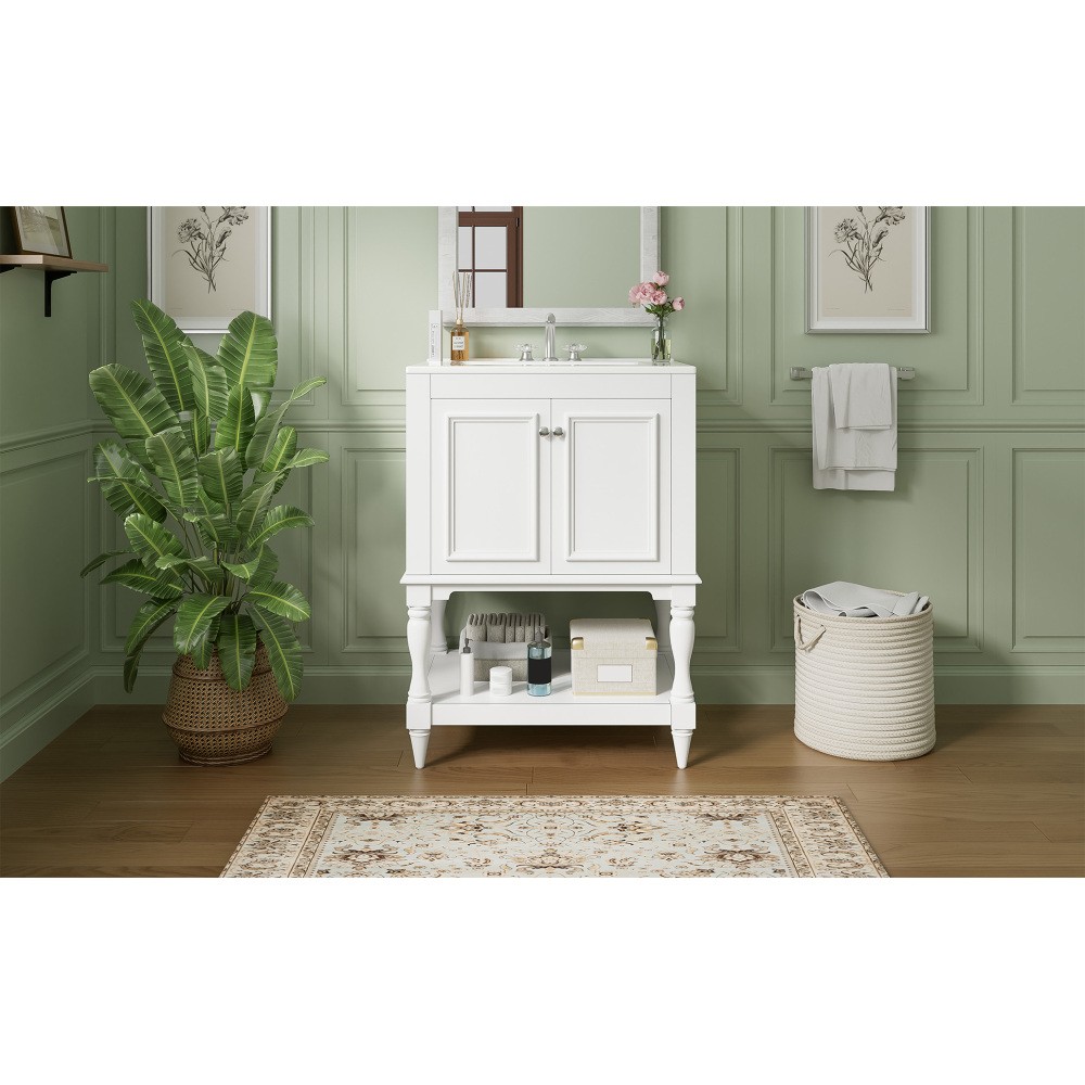 24″ Modern Bathroom Vanity w/ Ceramic Sink & Storage, White