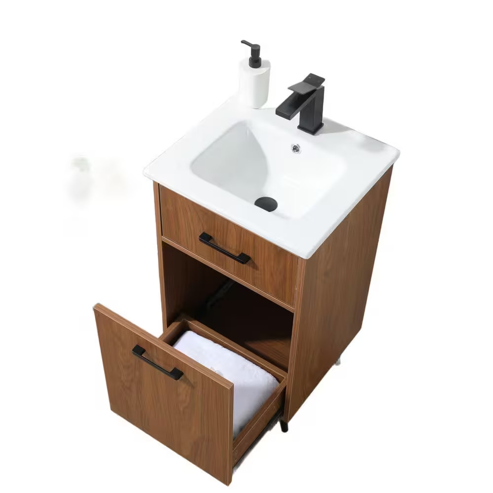 18 In. W X 17 In. D X 34 In. H Modern Brown Bath Vanity with Single White Cerami