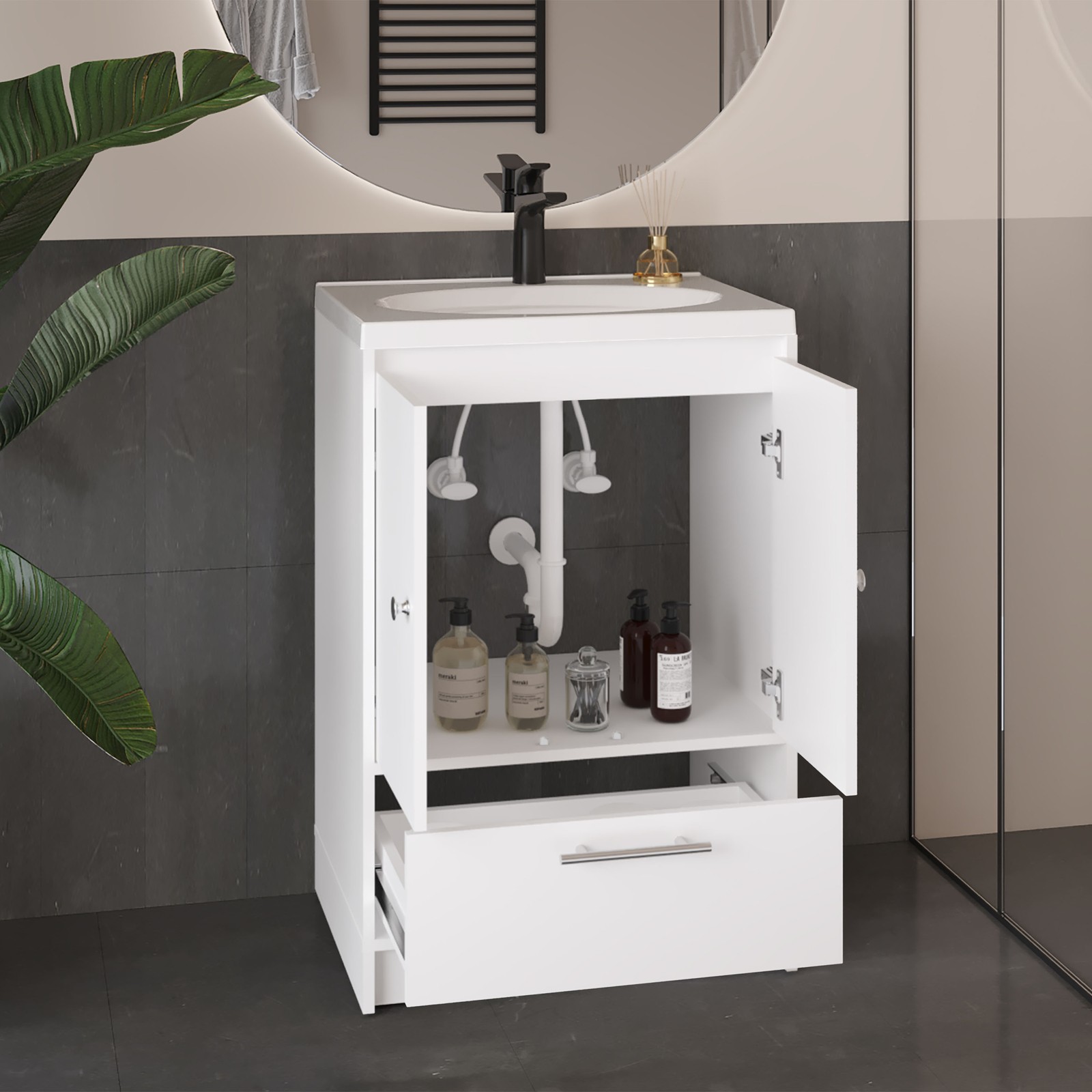 60″ Bathroom Vanity with Two Doors & Three Drawers White