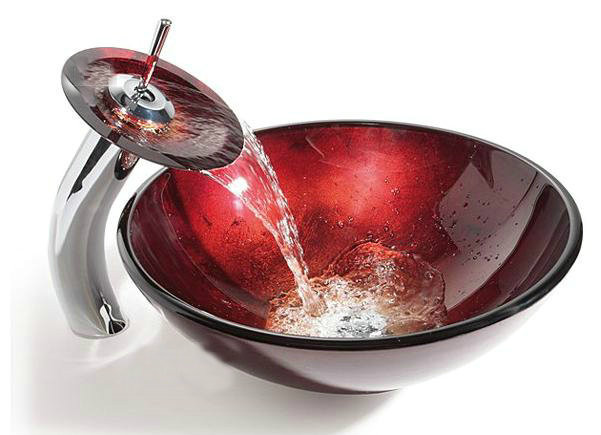 Bathroom Red Round Tempered Glass Basin Set Vessel Vanity Sink Bowl With Faucet