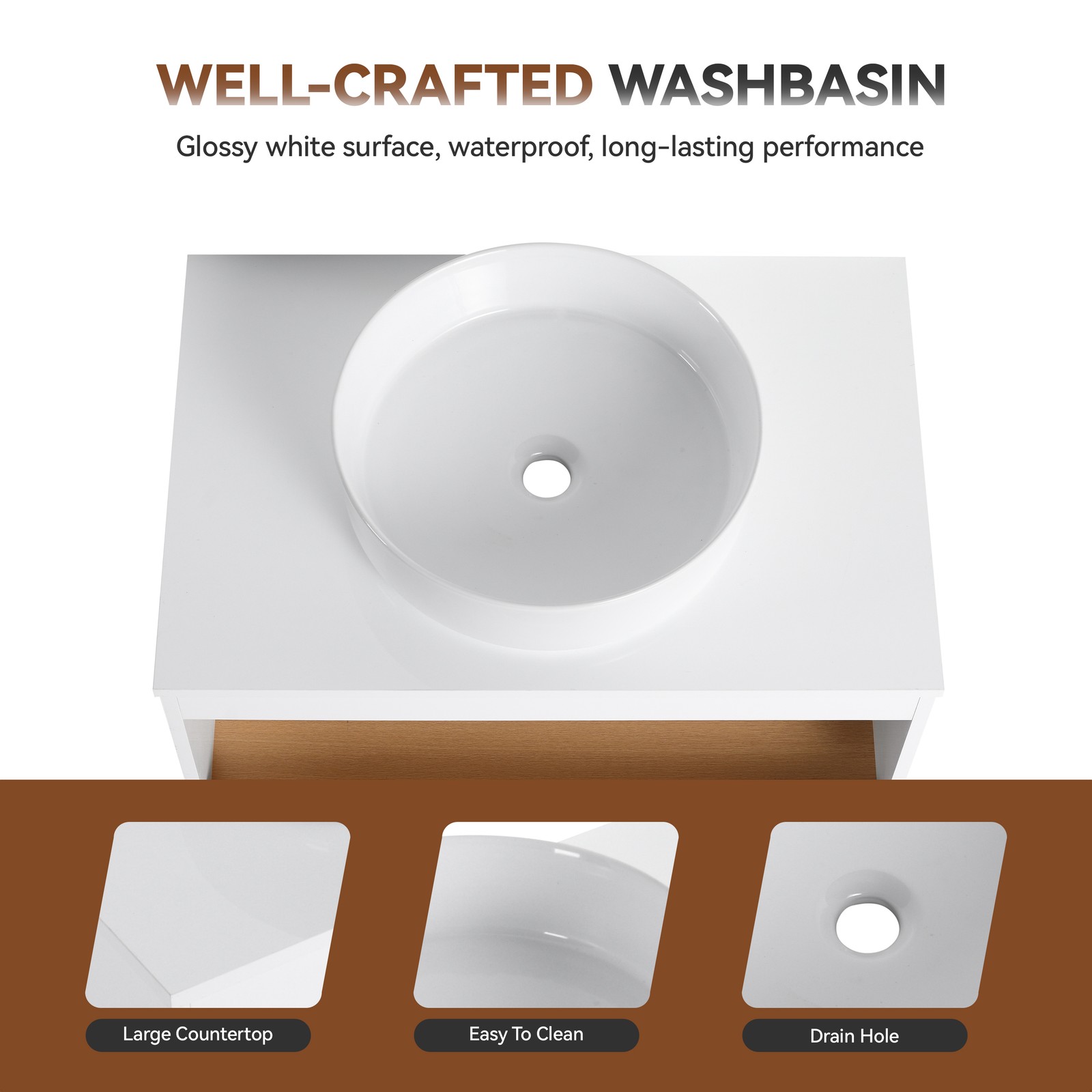 30″ Floating Bathroom Vanity with Glossy White Vessel Sink
