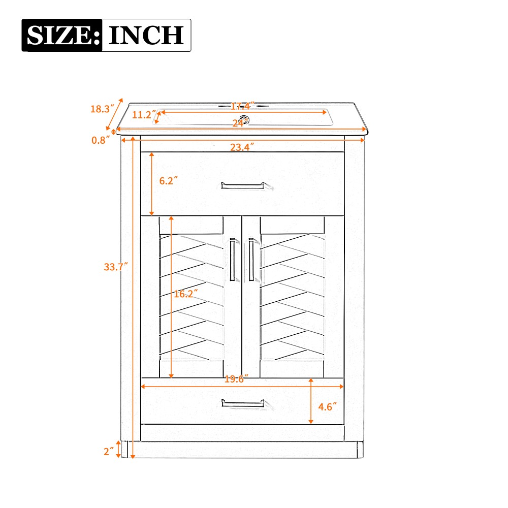 24in Bathroom Vanity Integrated Ceramic Sink 2 Doors 1 Tip-out Drawe