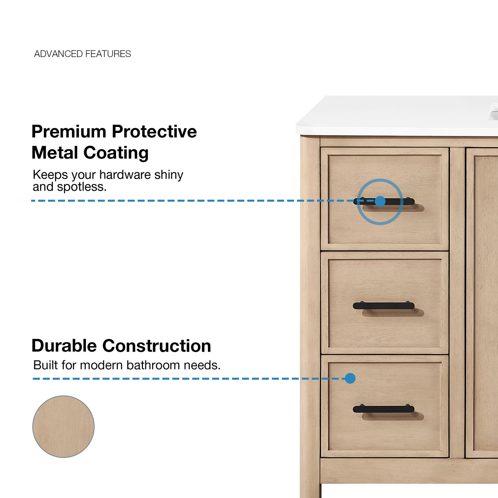 Solas 48″ Bathroom Vanity in Sahara Birch with White Countertop