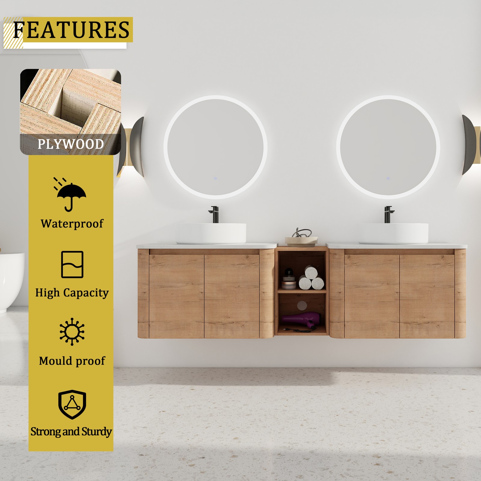 72in Wall-Mounted Bathroom Vanity W/ Double White Ceramic Basin Shelves Plywood