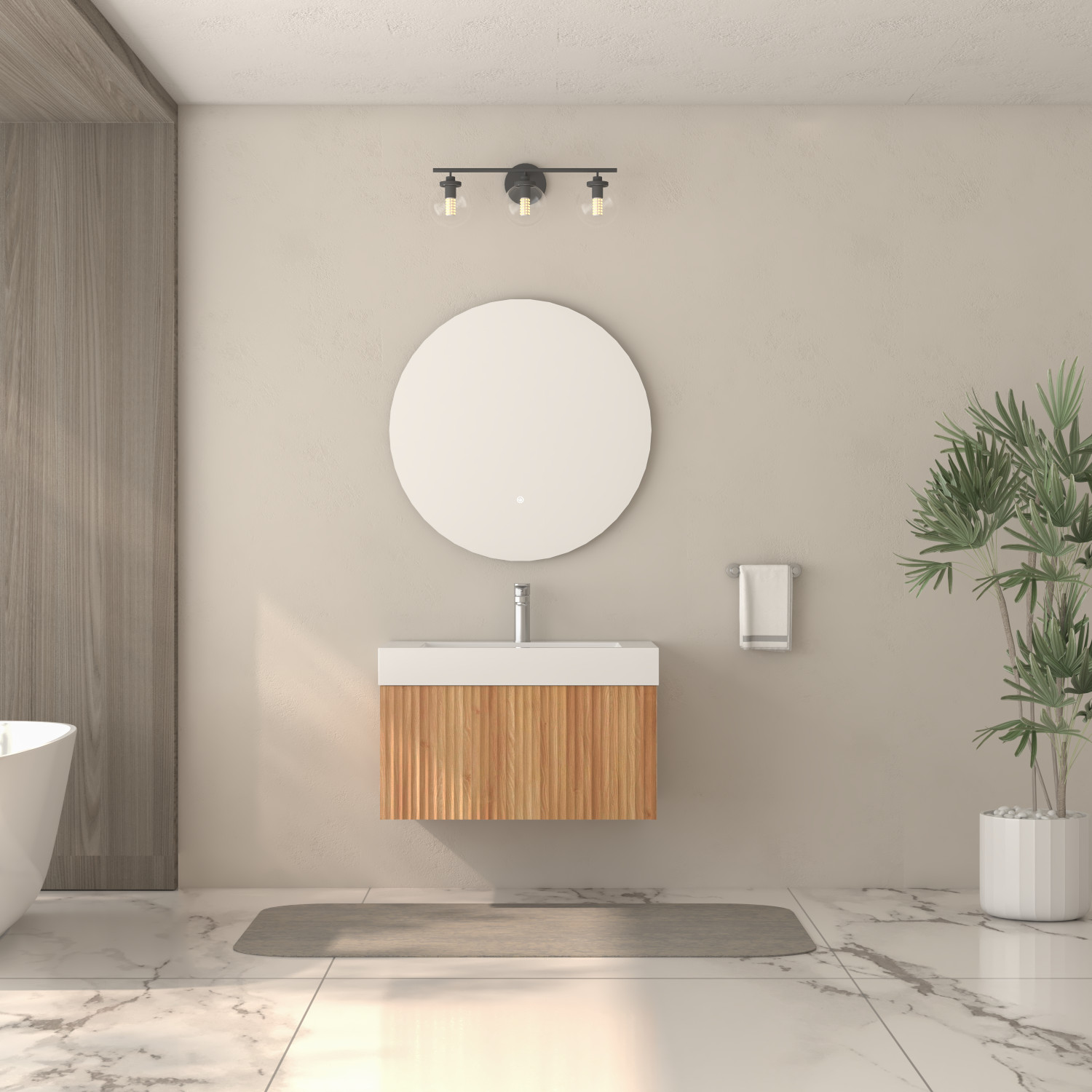 30″ Floating Bathroom Vanity with Integrated Sink, Acacia Plywood Cabinet